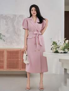 DAZY 女士优雅纯色连衣裙，翻领、泡泡袖、腰带设计，中长款婚礼宾客连衣裙，夏季长款连衣裙 - 粉色 - 查看 6
