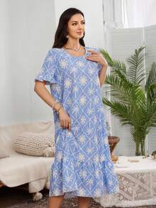 SHEIN 蓝白棕榈树太阳印花雪纺长款睡裙夏季家居服，女士休闲连衣裙 - 藍色 - 查看 6