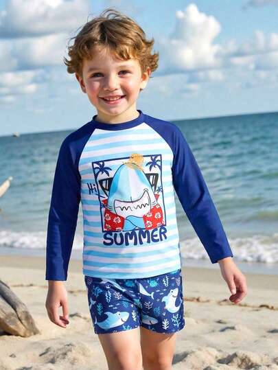 SHEIN Playful Pals Young Boy4-7Y Cartoon Shark Print Long Sleeve Swimsuit Set, Suitable For Summer Vacation Beach Swimming Boy Swimsuit Set Long Sleeve Boys Rash Guard Set Boy Swim Trunks Set Shirt Boy Beach Wear Boy Shark Swimsuit Long Sleeve Bathing Suit For Kids Long Sleeve Toddler Swimsuit Summer Kids Swimwear Boys Long Sleeved Swimwear Boys Rash Guard Shirt Toddler Rash Guard Boys Ice Cream Swim Shirt