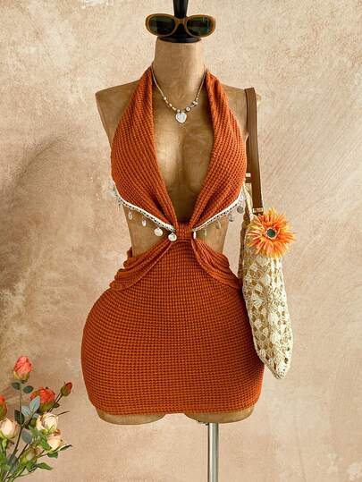 Soleia 新款 WYWH 热带植物网纱印花性感镂空低腰迷你连衣裙，适合夜店、海岛度假村、蜜月旅行、泳池派对、伊比沙岛度假、音乐节、海滩度假等场合，尽显波西米亚风情。