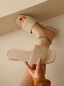 Sandalias tipo slide con tira ancha tejida y punta cuadrada - Beig - Ver 2