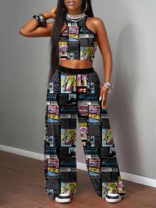 Slaydiva 两件套女士休闲街头风紧身吊带背心和宽松长裤套装，适合街头穿着 - 彩色 - 查看 4