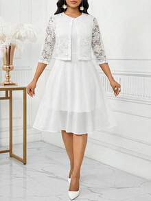 SHEIN Lady Bộ 2 món áo và váy ren không tay màu trơn thanh lịch dành cho nữ, thích hợp cho mùa hè, sinh nhật & sự kiện / công sở / nhà thờ / đám cưới / lễ hội. - trắng - Xem 3