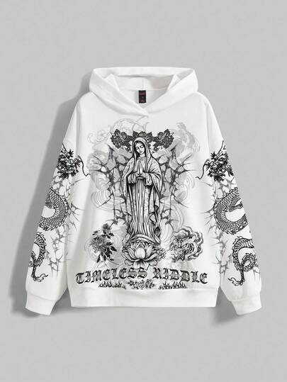 ROMWE Goth Dark Mysterious Religious Sacred New Chinese Style Dragon, Lotus, Tiger, Vine, Rose Floral Plant Graphic Loose Fit Sweatshirt Sweatshirt For Women