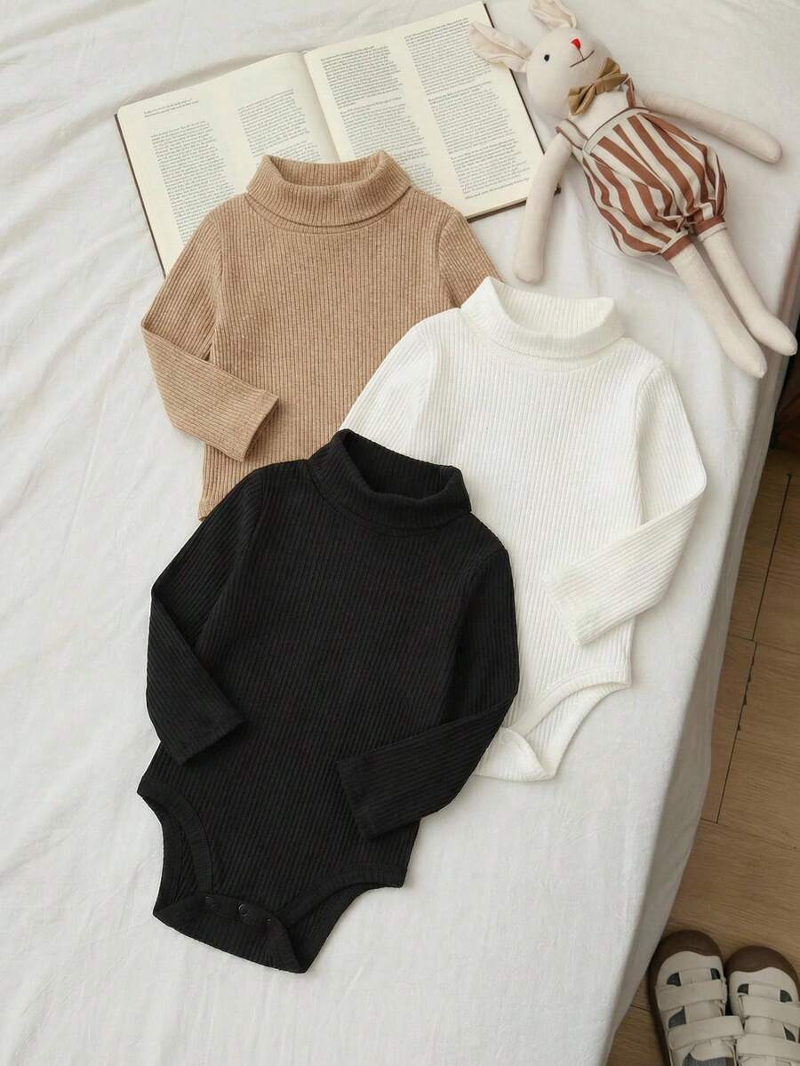 SHEIN Bebeilu 3pcs/Set Newborn Baby Boy/Girl Toddler Thick Warm Solid Color Turtleneck Long Sleeve Bodysuit & Pants Set, Comfortable Versatile Stylish Casual Basic Workwear Design, Suitable For Indoor, Outdoor, Daily Wear, Sports, Play, Party, Photography, Holidays, Halloween In Autumn/Winter Neutral Baby Clothes Baby Bodysuit Newborn Bodysuit Baby Turtleneck Bodysuit Ribbed Baby Bodysuit Fall - Black - View 1