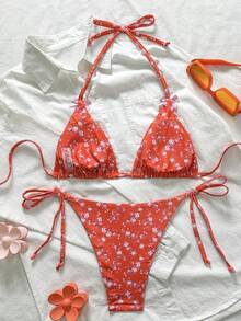 Swim Mod 女士随机印花露背蝴蝶结侧系带比基尼泳裤可爱比基尼套装，夏季 - 彩色 - 查看 2