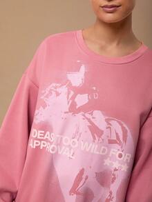 SURIMA 休闲简约印花圆领长袖加厚宽松女式卫衣 - 粉色 - 查看 6