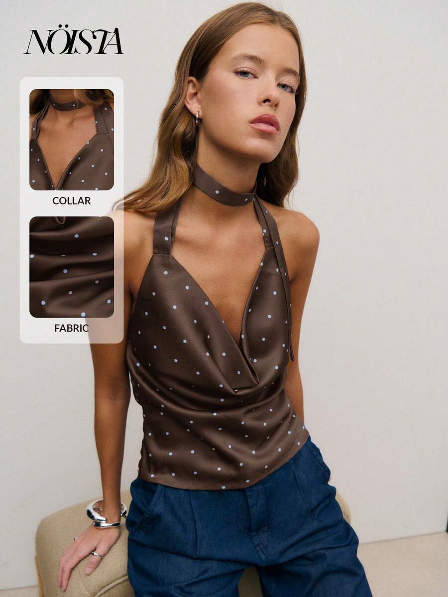 Nöista Chiếc áo hai dây bằng satin này có phần cổ khoét sâu và họa tiết chấm bi trắng tinh nghịch trên nền vải màu nâu bóng. - Cà phê nâu - Xem 1