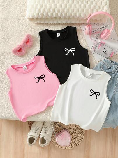 3 piezas Camisetas de tirantes informales con estampado de mariposa en negro, blanco y rosa, adecuadas para la escuela, el campus, la universidad, el uso diario, para capas, apropiadas para niñas de 8 a 12 años, para todas las estaciones