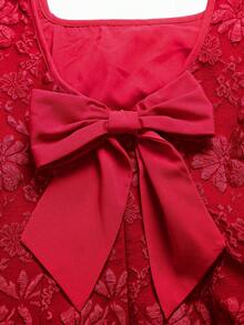 SHEIN Tween Girl Elegant Textured Jacquard U-Neck Bowknot Back Splice A-Line Sleeveless Woven Dress, Red, Suitable For Valentine's Day, Wedding Season - Red - View 5