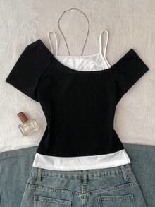Áo croptop nữ tuổi teen phong cách Y2K tối giản, họa tiết chấm bi đen trắng, xếp ly, thắt nơ phía trước. - Đen và trắng - Xem 2