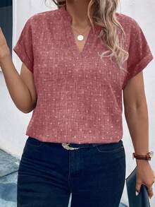 SHEIN LUNE CURVE 大码纯色翻领休闲短袖衬衫，夏季百搭 - 藕粉色 - 查看 3