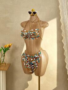 Mistrie Women's Colorful Beaded Swimwear Set, 2pcs/Set, Women's Swimwear Set, Beach VacationSwimwear Set, Island Vacation Swimwear Set, Beach Pool Party Holiday Wear, Spring/Summer, Spring/Summer Boho Swimwear, Women's Beach Bikinis Summer 2026 Summer Outfits For Women Beach Dress Beach Outfits For Women Elegant Casual Summer Holiday Outfits Vacation Outfits For Women Swimwear Bathing Suits For Women Bikini Dress Sexy Summer Rhinestone Bikini Beaded Bikini - Blue - View 6