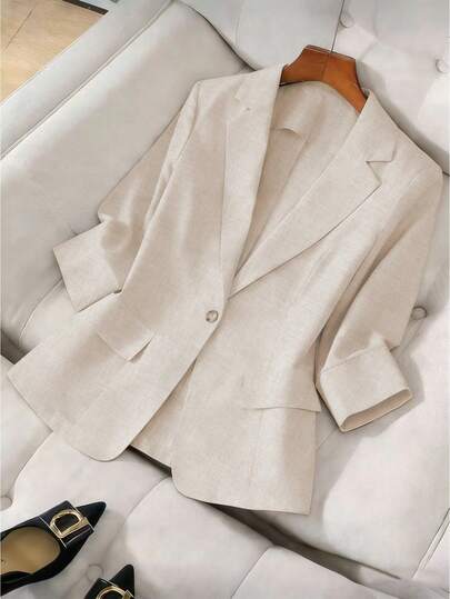 Elenzga 大码女式时尚休闲复古优雅通勤杏色西装外套