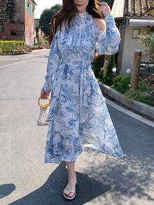 DAZY Women's Full Print Cold Shoulder Long Sleeve Dress, Korean Style Sundress Boho Vacation Outfits Women - Apricot - View 3