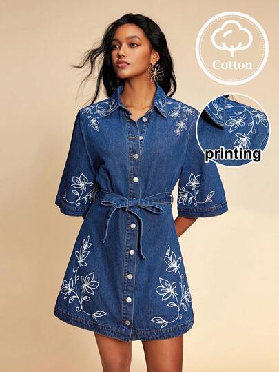 Travachic Women's Blue Denim Shirt Dress, Loose Fit, Delicate Print, Vacation Style Dress,Belt Included,Casual Dresses