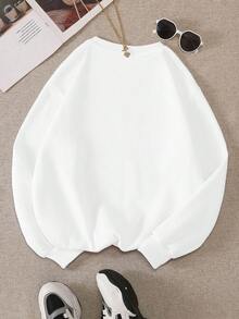 Lalippa 女士标语印花圆领宽松休闲套头卫衣 - 白色 - 查看 2