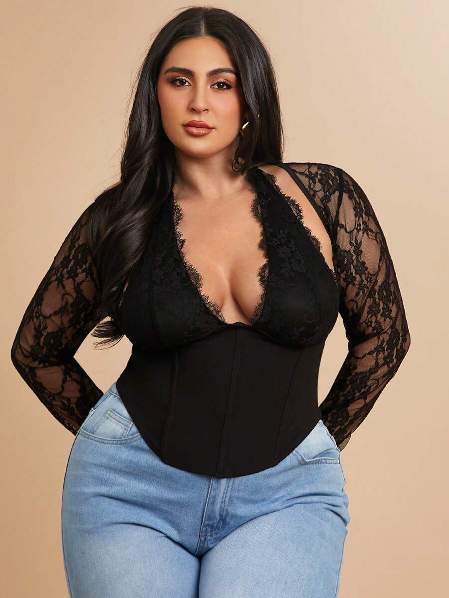SHEIN BAE 大码女式撞色蕾丝吊带上衣 - 黑色 - 查看 1