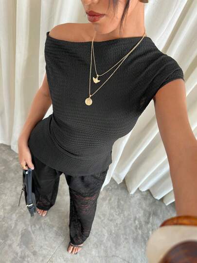 Siren Gaze Elegant Black Off-Shoulder Top + Lace Sheer Wide-Leg Pants Two-Piece Set - A Stylish And Casual Mature-Yet-Chic Outfit [Versatile For Commuting/Vacation] Summer Vacation Lace Set For Women