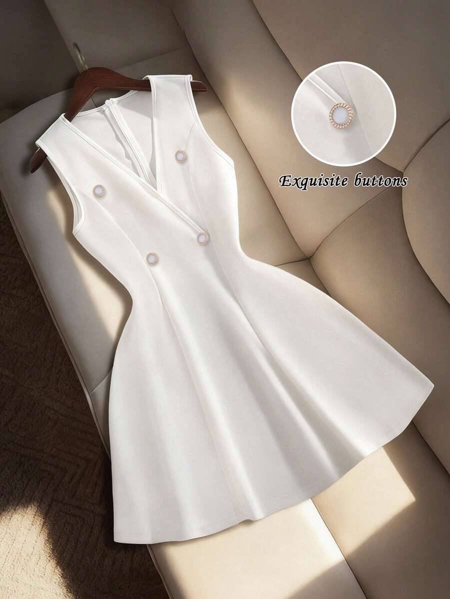 GlowEve Women's Woven V-Neck Double-Breasted Sleeveless Waist A-Line Elegant Business/Office/Casual Short Dress, Spring/Summer - White - View 1