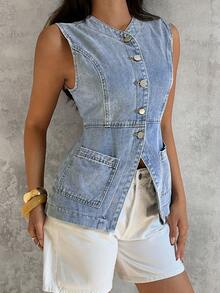 Sunnyshic 女士休闲无袖牛仔外套，夏季 - 藍色 - 查看 4
