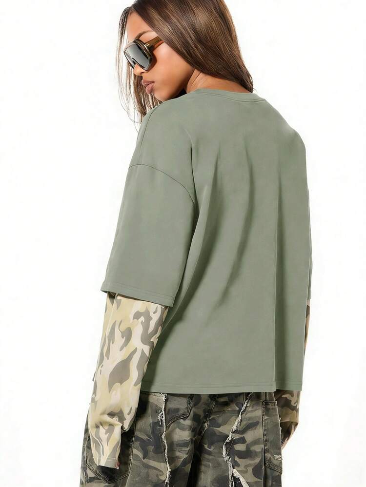 SUMWON WOMEN Oversized Layered Camo Sleeve T-Shirt With Round Neck