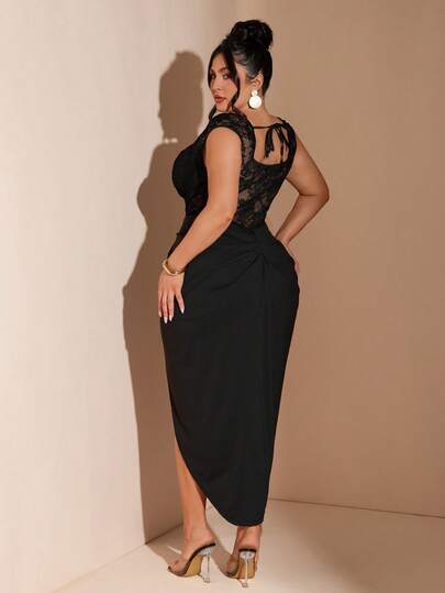 SHEIN BAE 大码女式黑色蕾丝拼接开衩连衣裙