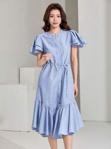 DAZY Women's Elegant Striped Ruffle Waist Midi Dress, Summer - Blue - View 7