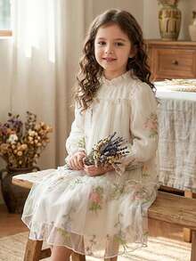 SHEIN Vintaside Kids 女童优雅公主风荷叶边领泡泡袖提花刺绣双层荷叶边下摆宽松公主裙，适合度假、旅行、派对、送礼、春秋季穿着。 - 彩色 - 查看 7