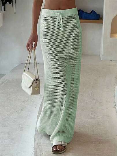 INAWLY Women's Casual Solid Color Drawstring Waist Hollow Out Knit Sweater & Mini Skirt Set, Suitable For Beach Vacation