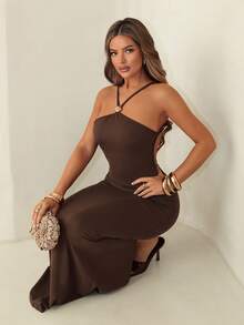 Sirith Elegant Sexy Coffee Brown Halter Backless Sleeveless Dress For Dates & Holidays, Spring/Autumn - Coffee Brown - View 1