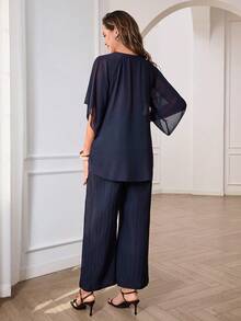 Miaspire Elegant Navy Blue Chiffon Two-Piece Set For Women – Double-Layer Cape Sleeve Top & Pleated Wide Leg Pants, Perfect For Summer & Spring, Ideal For Vacation, Beach, Going Out, Casual Daily Wear, And Festival Occasions - Navy Blue - View 3