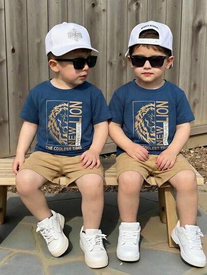 两件套休闲狮子图案男婴圆领短袖T恤短裤套装，适合夏季穿着