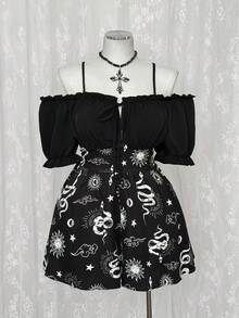 Sunspun Plus Size Women's Ruffle Trim Dark Goth Style Off Shoulder Sun Face Print Front Tie Dress - Black - View 3