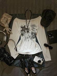 SHEIN EZwear 休闲街头复古星空涂鸦印花加大码不对称露肩荷叶边长袖T恤，性感露肩套头衫，适合秋冬季、返校季、复古、朋克风等场合。 - 白色 - 查看 3