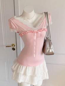Comfortcana Women's Casual Contrast Color Lace Trim Tie Front T-Shirt, Summer Lace Trim Top Pink Babydoll Top Ruffle Top Sweetheart Neckline Tops Baby Pink Top - Pink - View 7