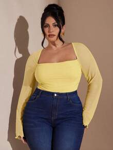 SHEIN BAE Plus Size Women's Elegant Eggplant Purple Long Sleeve Bodysuit, Autumn/Winter - Yellow - View 4