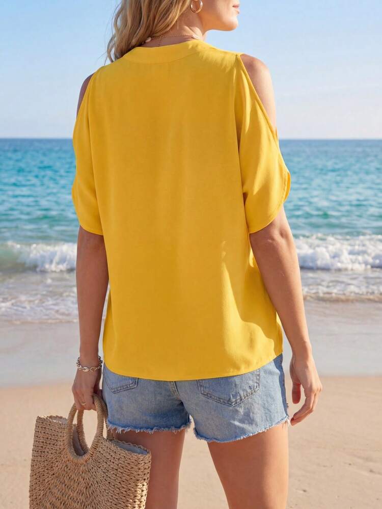 Solid Cold Shoulder Notched Neck Blouse,Short Sleeve Tops,Casual