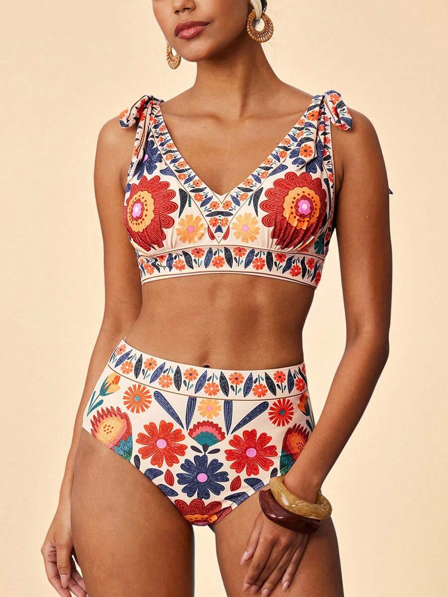 Travachic 女士印花扭结前襟性感比基尼泳衣套装，夏季沙滩 - 彩色 - 查看 1