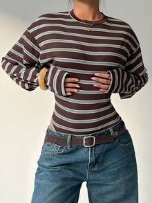 Aloruh Young Lady Casual Everyday Striped Bodysuit With Tight Flare Sleeves - Brown - View 5