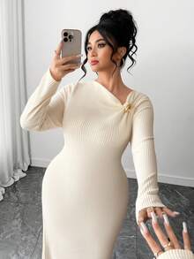 Elenzga Plus Size Women Elegant Oblique Shoulder Long Sleeve Dress, Spring - Apricot - View 6