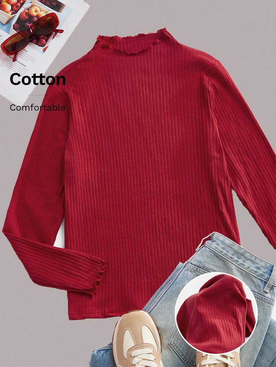 SHEIN EZwear Plus Size Red Ribbed Knit Stand Collar Long Sleeve T-Shirt - Red - View 1