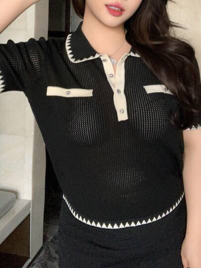 Dazy Plus 撞色短袖休闲黑色露脐春夏针织上衣