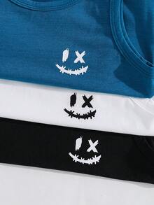 SHEIN 3pcs Young Boys Casual, Comfortable, Versatile, Sporty Cartoon Smiling Face Print Short-Sleeved Tank Top, Three-Color Set, Buy Two Get One Free, Great Value! Suitable For Everyday Casual Wear, Sports, School, Or Lounging At Home. Can Be Worn As An Inner Or Outer Layer, Perfect For Spring And Summer. Toddler Summer Set Toddler Casual Set Boy Two Piece Short Sets Boy Summer Sets - Multicolor - View 4
