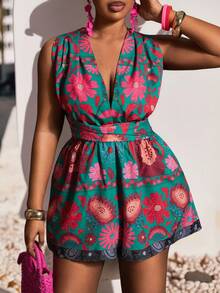 Veslaya 2026 早春新款加大码女装音乐节、复活节、西部风、游牧风、生日派对、度假、邮轮旅行印花无袖深V露背交叉连体裤 - 彩色 - 查看 2