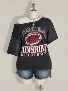 SHEIN ICON Plus Size Women Y2K Vintage Football Graphic Oblique Shoulder Loose Casual T-Shirt - Multicolor - View 4
