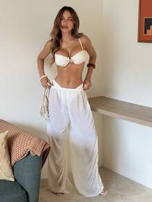 Elavelle Conjunto de bikini de 3 piezas con tirantes de espagueti, sujetador con aros y decoración metálica, pantalones largos de corte alto en unicolor para mujeres, primavera/verano - Beis - Ver 2