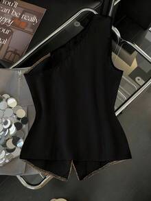 SXGlowEve Blusa de hombro oblicuo versátil y de moda para uso casual y de oficina, con textura de tweed gruesa, cinta de onda y contraste de color, nueva llegada de otoño 2025 para mujer - Caqui - Ver 2