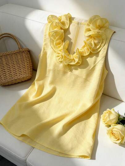 GlowEve Women's Faux Linen Woven Fabric Ruffle Sweetheart Neck Sleeveless A-Line Hem Camisole Top, Suitable For Resort & Beach Wear, Summer, Pale Yellow