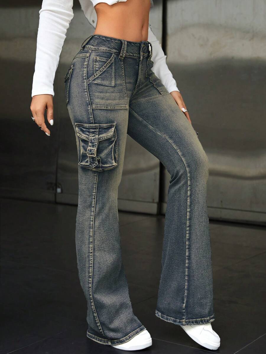 SHEIN ICON Quần jeans ống loe phong cách thường ngày, đường phố, cổ điển, kiểu dáng công sở dành cho nữ. - Màu xanh bụi bặm - Xem 1